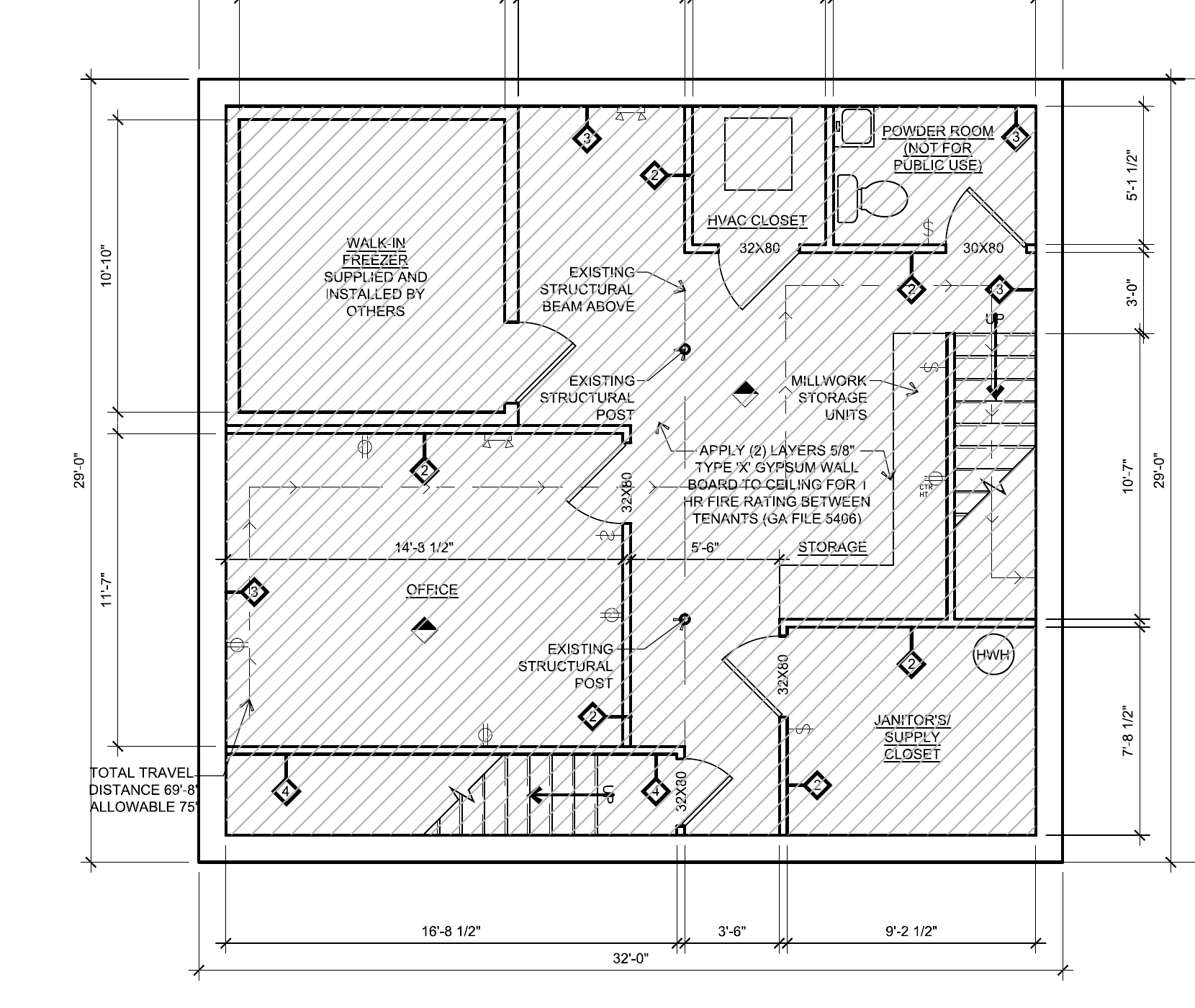 Historic lower-level plan showing the proposed front and rear partial lease areas