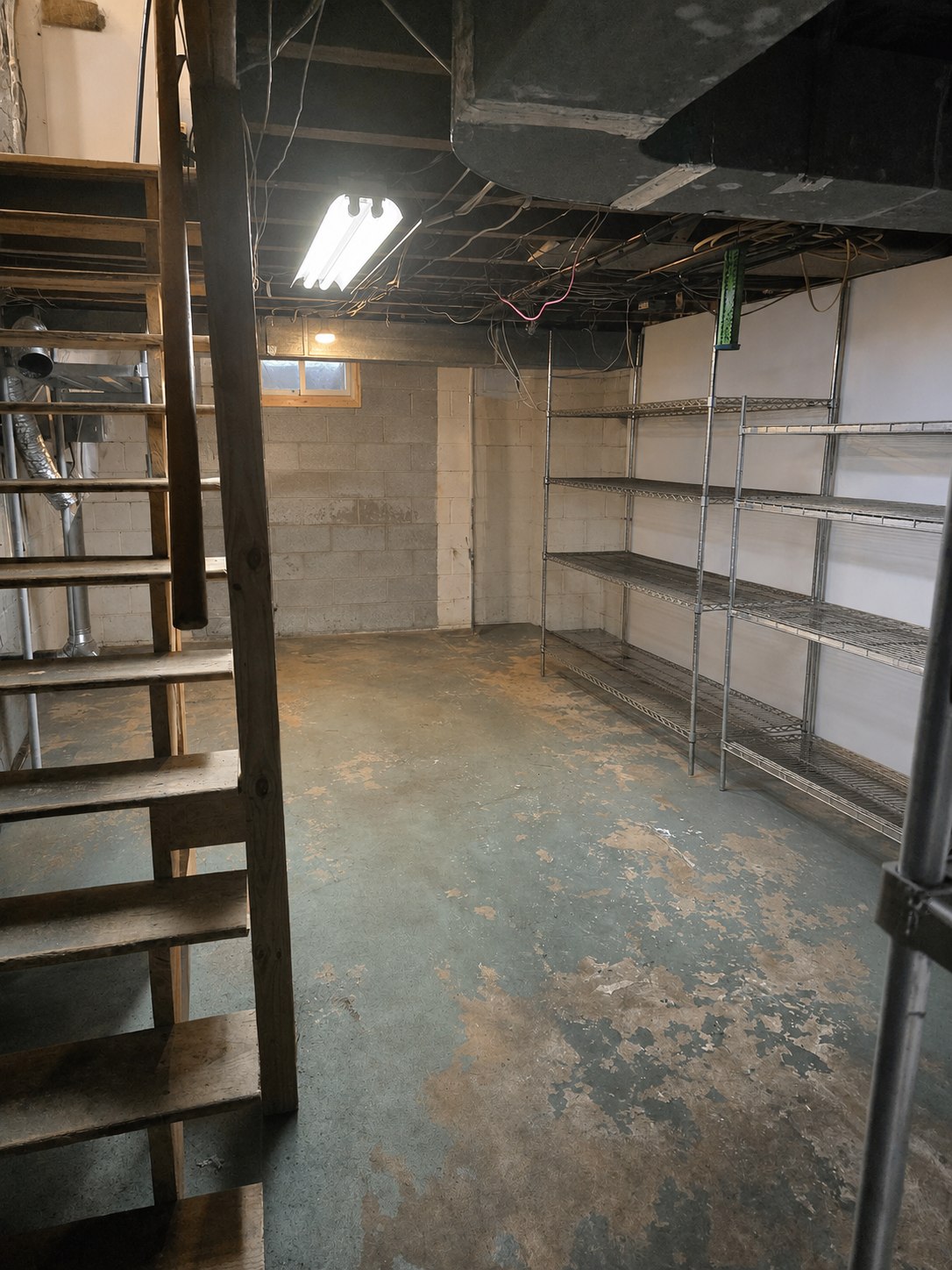 Lower-level storage area with wire shelving and open floor